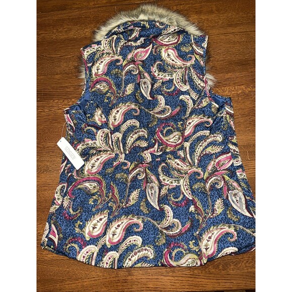 Chico's Zip Vest Size 1 M Puffer Vest Women’s Jacket Quilted Faux Fur Collar - Picture 5 of 8